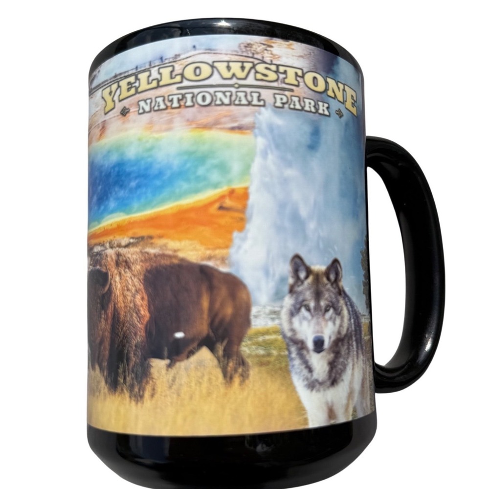 Yellowstone National Park Souvenir Mug Bison Wolf Bear Geyser Art Ceramic